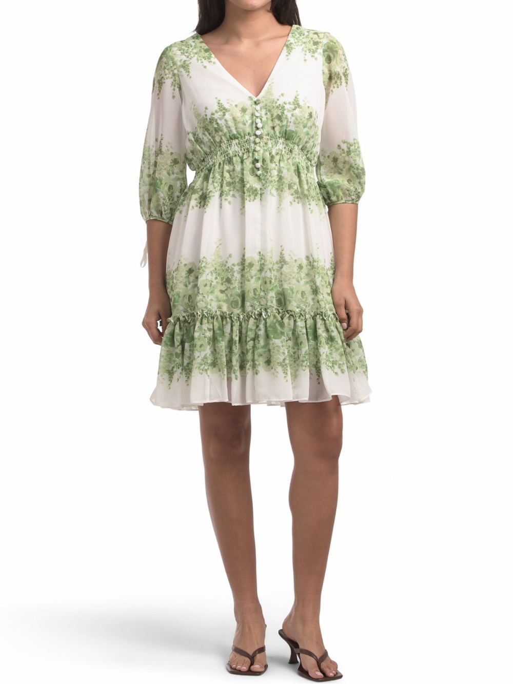 Taylor White and Light Green Floral V-Neck Midi Dress